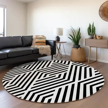 8' Black And White Round Geometric Washable Indoor Outdoor Area Rug