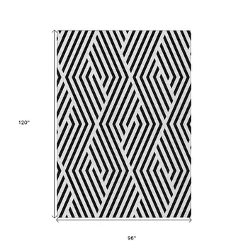 8' X 10' Black and White Geometric Washable Non Skid Indoor Outdoor Area Rug