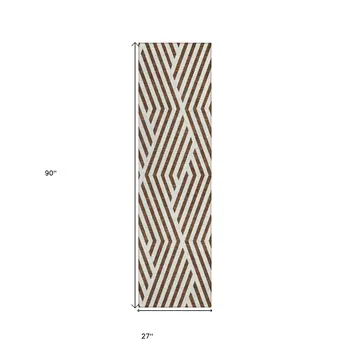 8' Runner Brown and White Geometric Washable Non Skid Indoor Outdoor Runner Rug