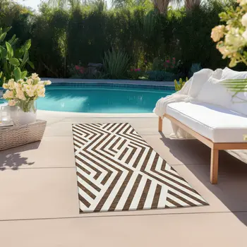 8' Runner Brown and White Geometric Washable Non Skid Indoor Outdoor Runner Rug