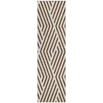 8' Runner Brown and White Geometric Washable Non Skid Indoor Outdoor Runner Rug