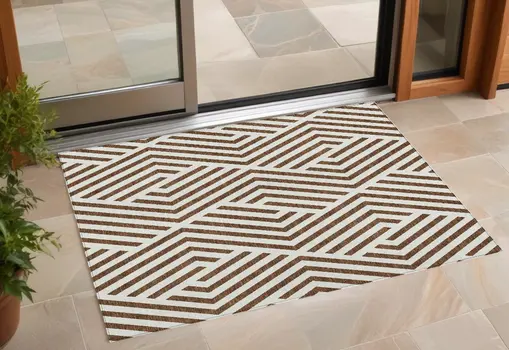 3' X 5' Brown and White Geometric Washable Non Skid Indoor Outdoor Area Rug