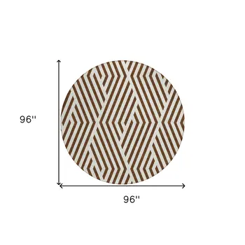 8' Brown And White Round Geometric Washable Indoor Outdoor Area Rug