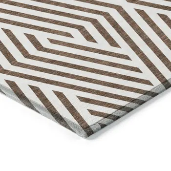 8' Brown And White Round Geometric Washable Indoor Outdoor Area Rug