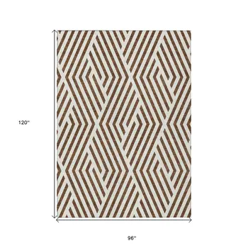 8' X 10' Brown and White Geometric Washable Non Skid Indoor Outdoor Area Rug