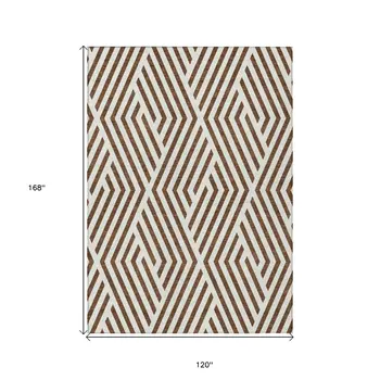 10' X 14' Brown and White Geometric Washable Non Skid Indoor Outdoor Area Rug