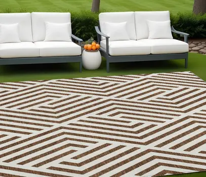 10' X 14' Brown and White Geometric Washable Non Skid Indoor Outdoor Area Rug