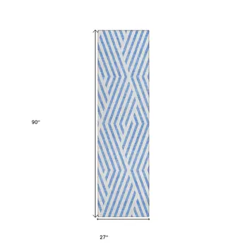 8' Blue And Ivory Geometric Washable Indoor Outdoor Runner Rug