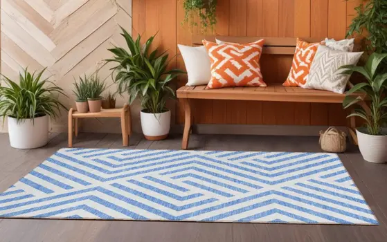 8' Blue And Ivory Geometric Washable Indoor Outdoor Runner Rug
