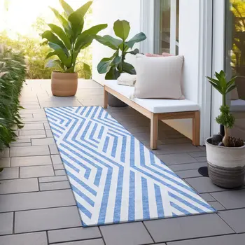 8' Blue And Ivory Geometric Washable Indoor Outdoor Runner Rug