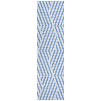 8' Blue And Ivory Geometric Washable Indoor Outdoor Runner Rug