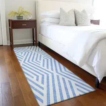 8' Blue And Ivory Geometric Washable Indoor Outdoor Runner Rug