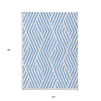 5' X 8' Blue And Ivory Geometric Washable Indoor Outdoor Area Rug