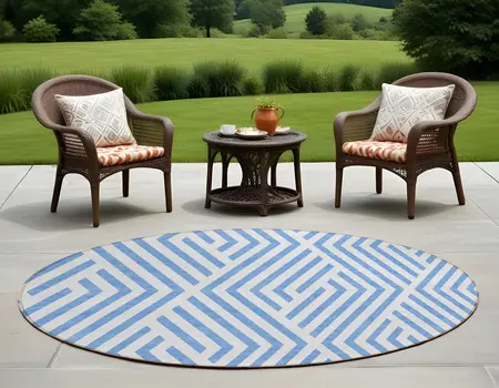 8' Round Blue and Ivory Round Geometric Washable Non Skid Indoor Outdoor Area Rug