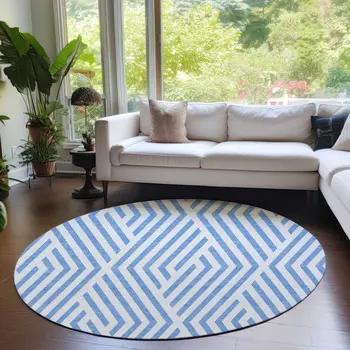 8' Round Blue and Ivory Round Geometric Washable Non Skid Indoor Outdoor Area Rug