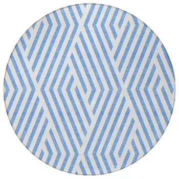 8' Round Blue and Ivory Round Geometric Washable Non Skid Indoor Outdoor Area Rug