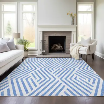 9' X 12' Blue and Ivory Geometric Washable Non Skid Indoor Outdoor Area Rug