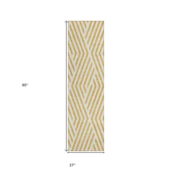 8' Runner Gold and White Geometric Washable Non Skid Indoor Outdoor Runner Rug