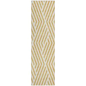 8' Runner Gold and White Geometric Washable Non Skid Indoor Outdoor Runner Rug