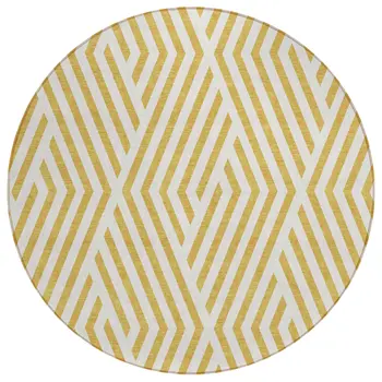 8' Round Gold and White Round Geometric Washable Non Skid Indoor Outdoor Area Rug