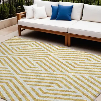 10' X 14' Gold and White Geometric Washable Non Skid Indoor Outdoor Area Rug