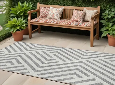 8' Gray And Ivory Geometric Washable Indoor Outdoor Runner Rug