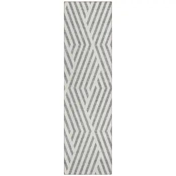 8' Gray And Ivory Geometric Washable Indoor Outdoor Runner Rug