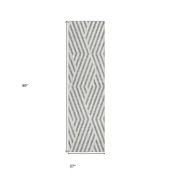 8' Gray And Ivory Geometric Washable Indoor Outdoor Runner Rug
