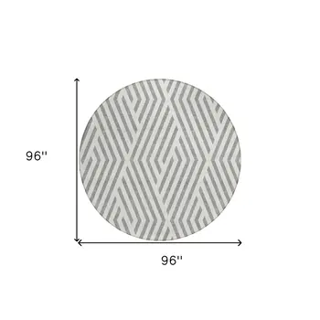 8' Gray And Ivory Round Geometric Washable Indoor Outdoor Area Rug