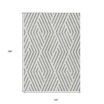 10' X 14' Gray And Ivory Geometric Washable Indoor Outdoor Area Rug