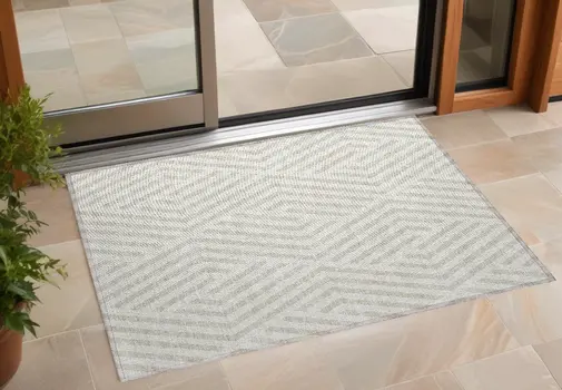 3' X 5' Beige And Ivory Geometric Washable Indoor Outdoor Area Rug