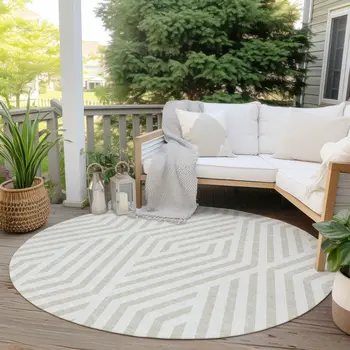 8' Beige And Ivory Round Geometric Washable Indoor Outdoor Area Rug