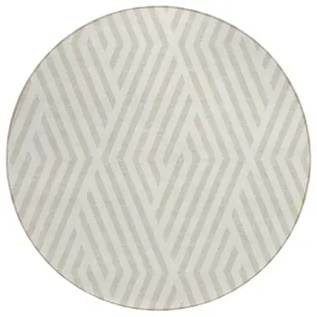 8' Beige And Ivory Round Geometric Washable Indoor Outdoor Area Rug