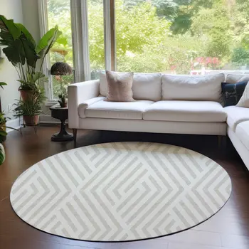 8' Beige And Ivory Round Geometric Washable Indoor Outdoor Area Rug