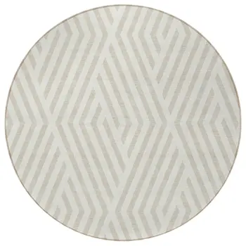 8' Beige And Ivory Round Geometric Washable Indoor Outdoor Area Rug