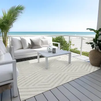 8' X 10' Beige and Ivory Geometric Washable Non Skid Indoor Outdoor Area Rug