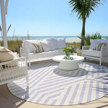 8' Round Lavender and Ivory Round Geometric Washable Non Skid Indoor Outdoor Area Rug