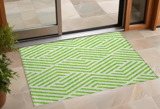 2' X 3' Lime Green and White Geometric Washable Non Skid Indoor Outdoor Area Rug