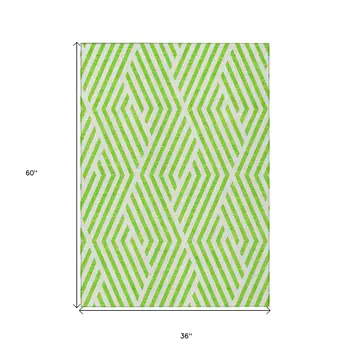 3' X 5' Lime Green and White Geometric Washable Non Skid Indoor Outdoor Area Rug