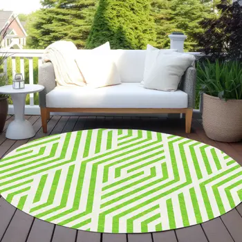 8' Round Lime Green and White Round Geometric Washable Non Skid Indoor Outdoor Area Rug