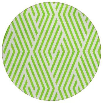 8' Round Lime Green and White Round Geometric Washable Non Skid Indoor Outdoor Area Rug