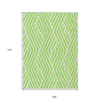 9' X 12' Lime Green and White Geometric Washable Non Skid Indoor Outdoor Area Rug