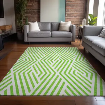 9' X 12' Lime Green and White Geometric Washable Non Skid Indoor Outdoor Area Rug