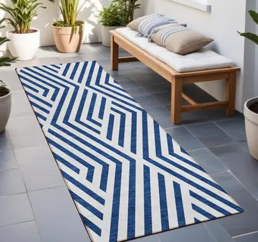 2' X 8' Navy and White Geometric Washable Non Skid Indoor Outdoor Runner Rug