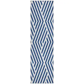 2' X 8' Navy and White Geometric Washable Non Skid Indoor Outdoor Runner Rug