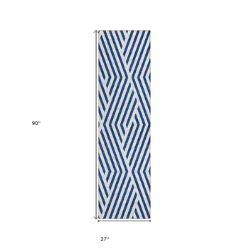 2' X 8' Navy and White Geometric Washable Non Skid Indoor Outdoor Runner Rug