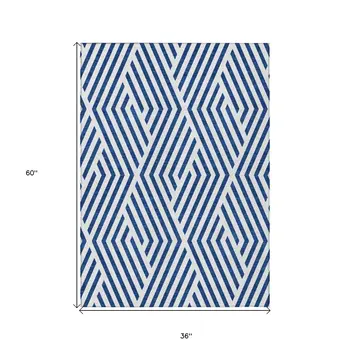3' X 5' Navy and White Geometric Washable Non Skid Indoor Outdoor Area Rug