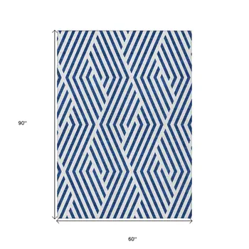 5' X 8' Navy and White Geometric Washable Non Skid Indoor Outdoor Area Rug