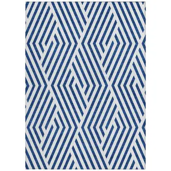 9' X 12' Navy and White Geometric Washable Non Skid Indoor Outdoor Area Rug