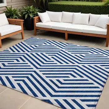 10' X 14' Navy and White Geometric Washable Non Skid Indoor Outdoor Area Rug